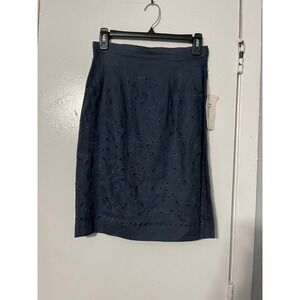 JSong Collection Navy Blue‎ 100% Linen Embroidered Eyelet Skirt Size 6 NWT